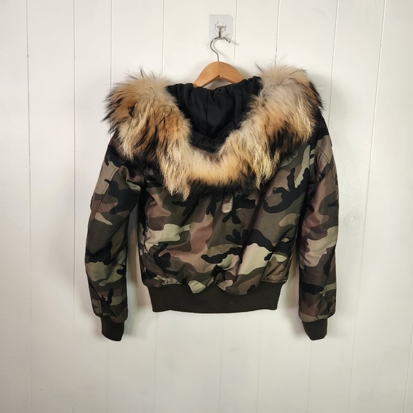 SAM. Green Camo Bomber Insulated Jacket Racoon Fur Trim Size XS Winter Coat - Picture 2 of 14